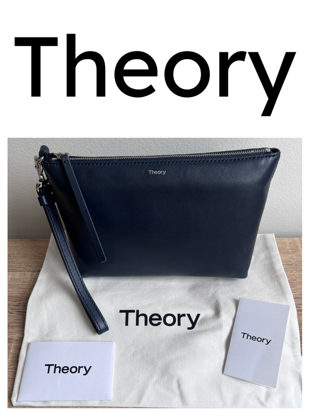 Theory Navy Leather Toiletry Clutch with Detachable Wristlet